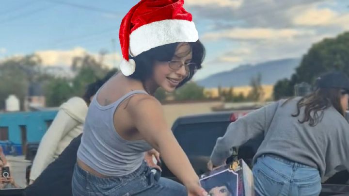 VIDEO | Ángela Aguilar y Christian Nodal se convierten en Santa Claus y reparten regalos a niños por Navidad