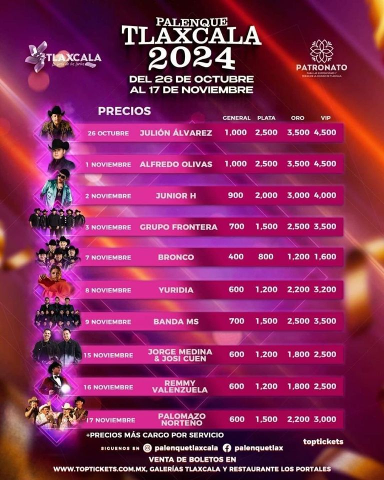 Este es el precio de los artistas que estarán en el Palenque de la Feria de Tlaxcala 2024.