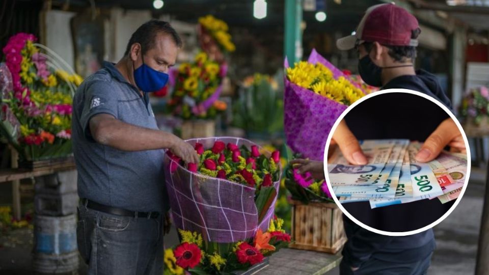 Vendedor de ramo de rosas y un cliente